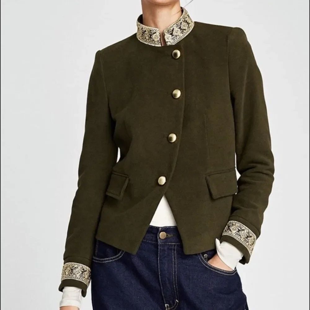 ZARA olive green gold embroidered boho romantic military jacket M